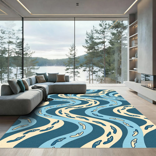 Abstract Navy and Cream Wave Boomerang Rug