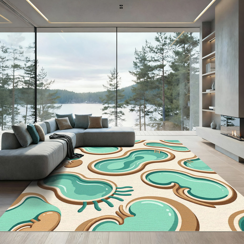 Whimsical Abstract Teal Pool Kidney Shape Rug