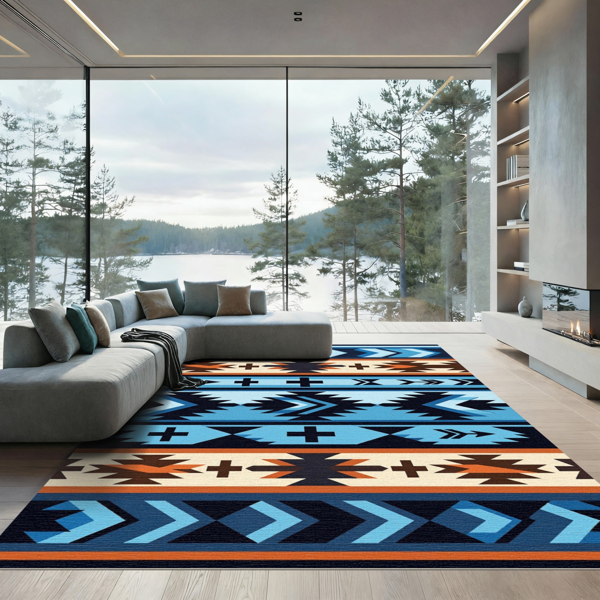 Native American Blue Geometric Chevron Rug