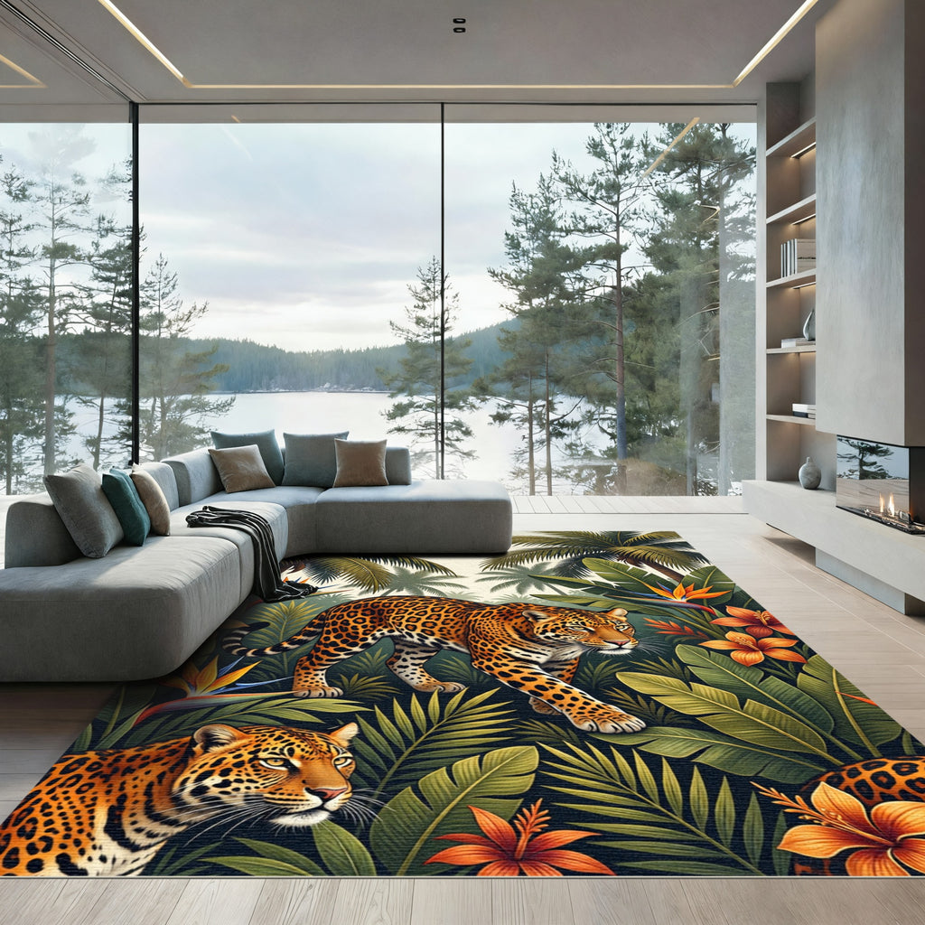 Vibrant Tropical Leopard Floral Jungle Rug
