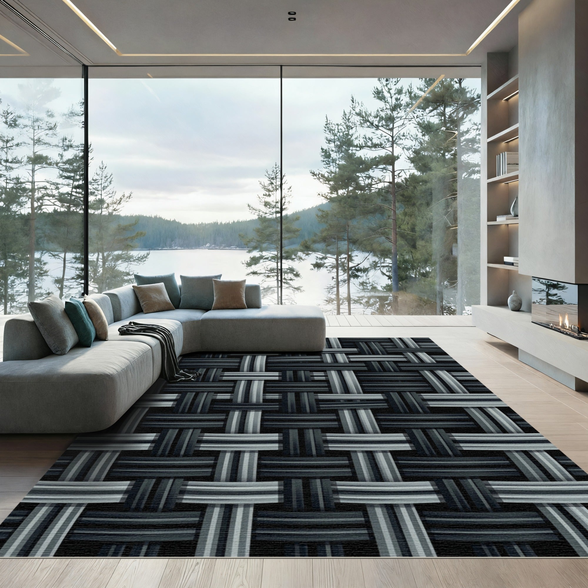 Gray Woven Texture Interlocking Stripes Rug