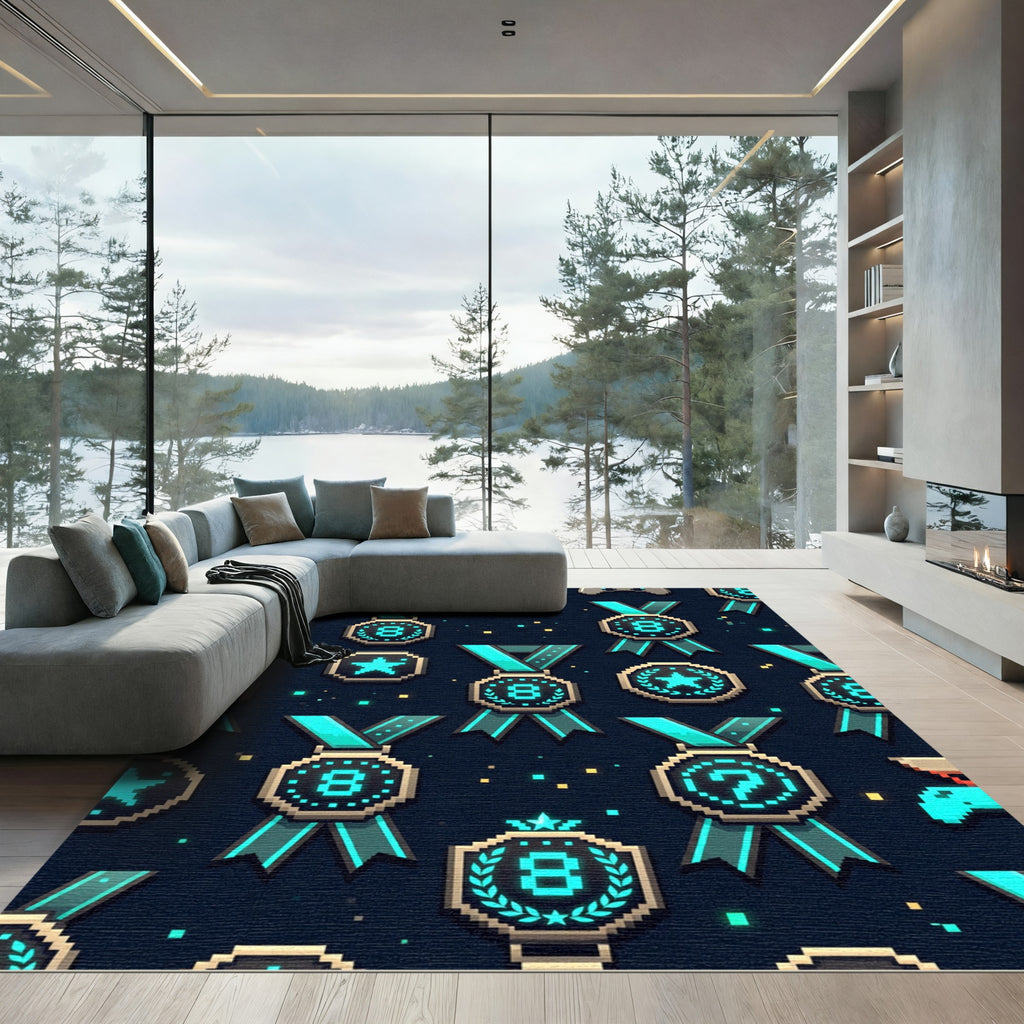 Neon Pixel Medal Gaming Arcade Space Rug