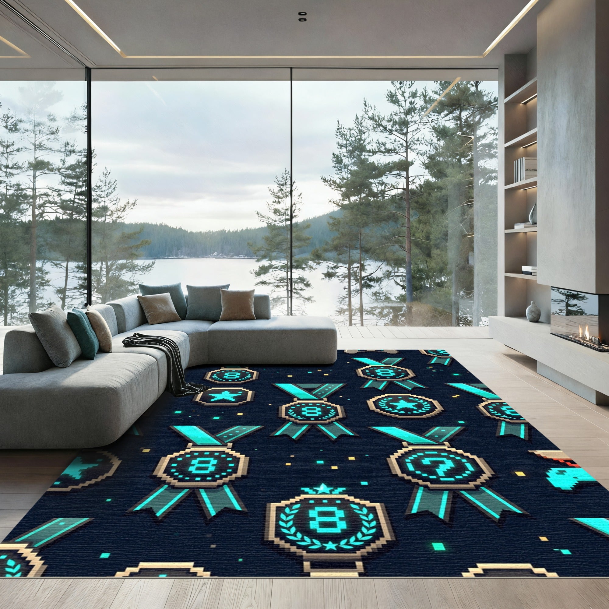 Neon Pixel Medal Gaming Arcade Space Rug