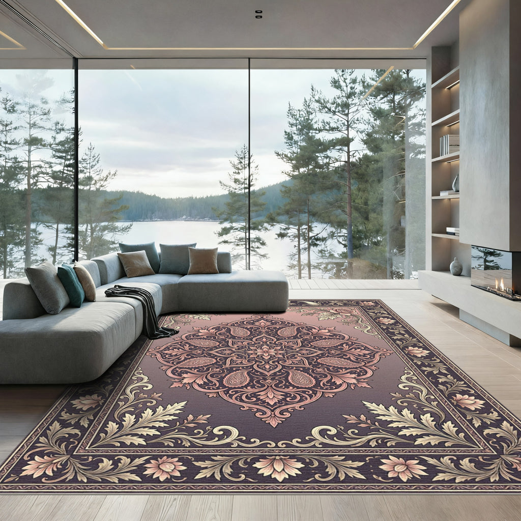 Elegant Blush Pink Floral Damask Medallion Rug