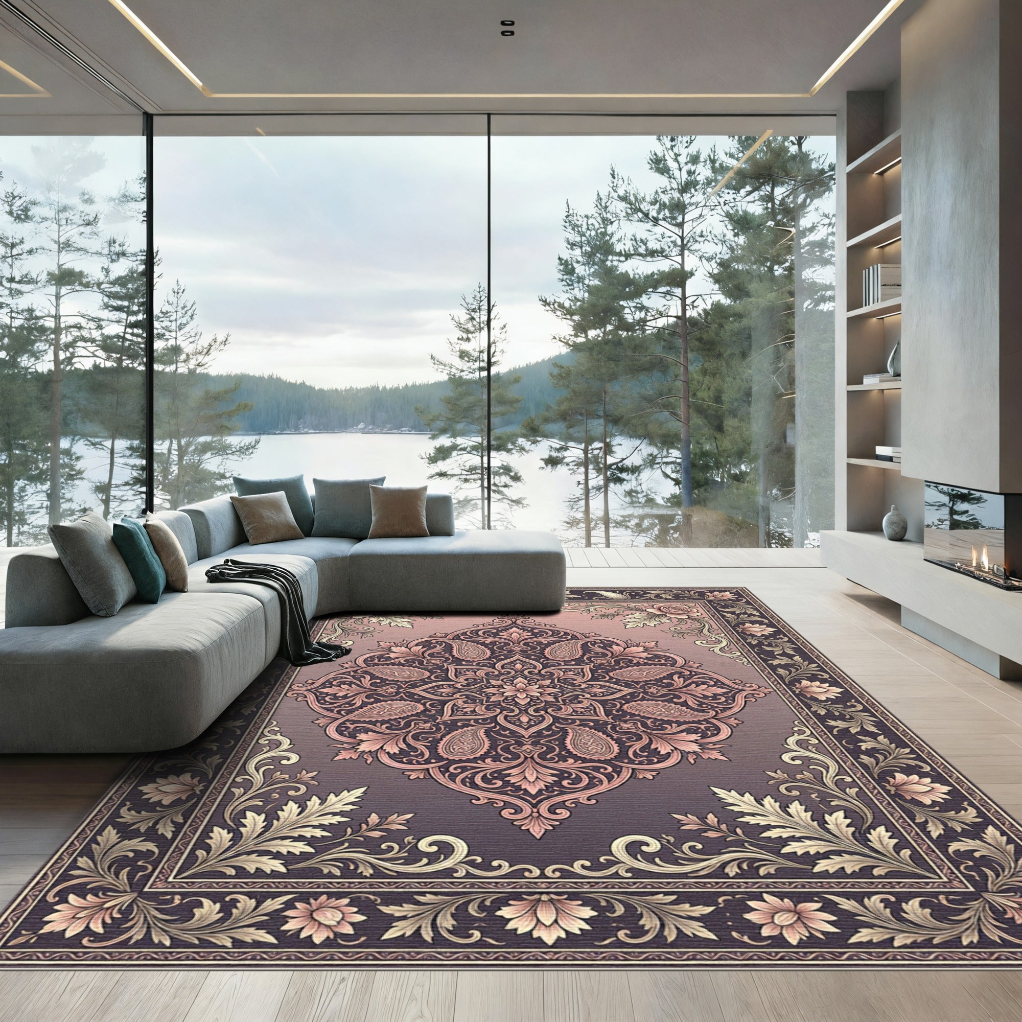 Elegant Blush Pink Floral Damask Medallion Rug