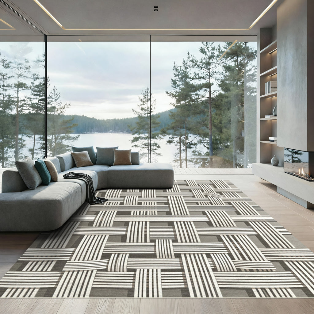 Modern Monochrome Woven Grid Rug