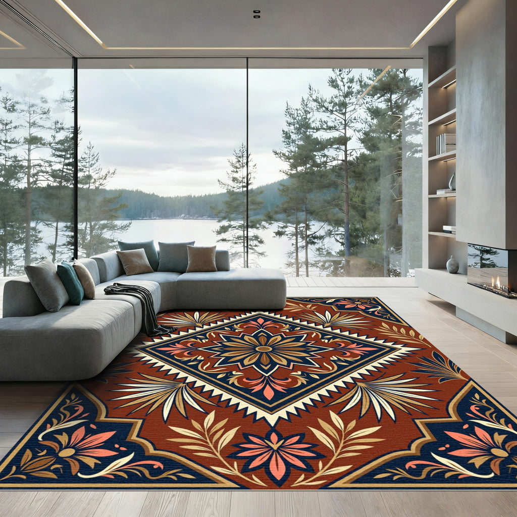 Ornate Terra Cotta Floral Diamond Medallion Rug