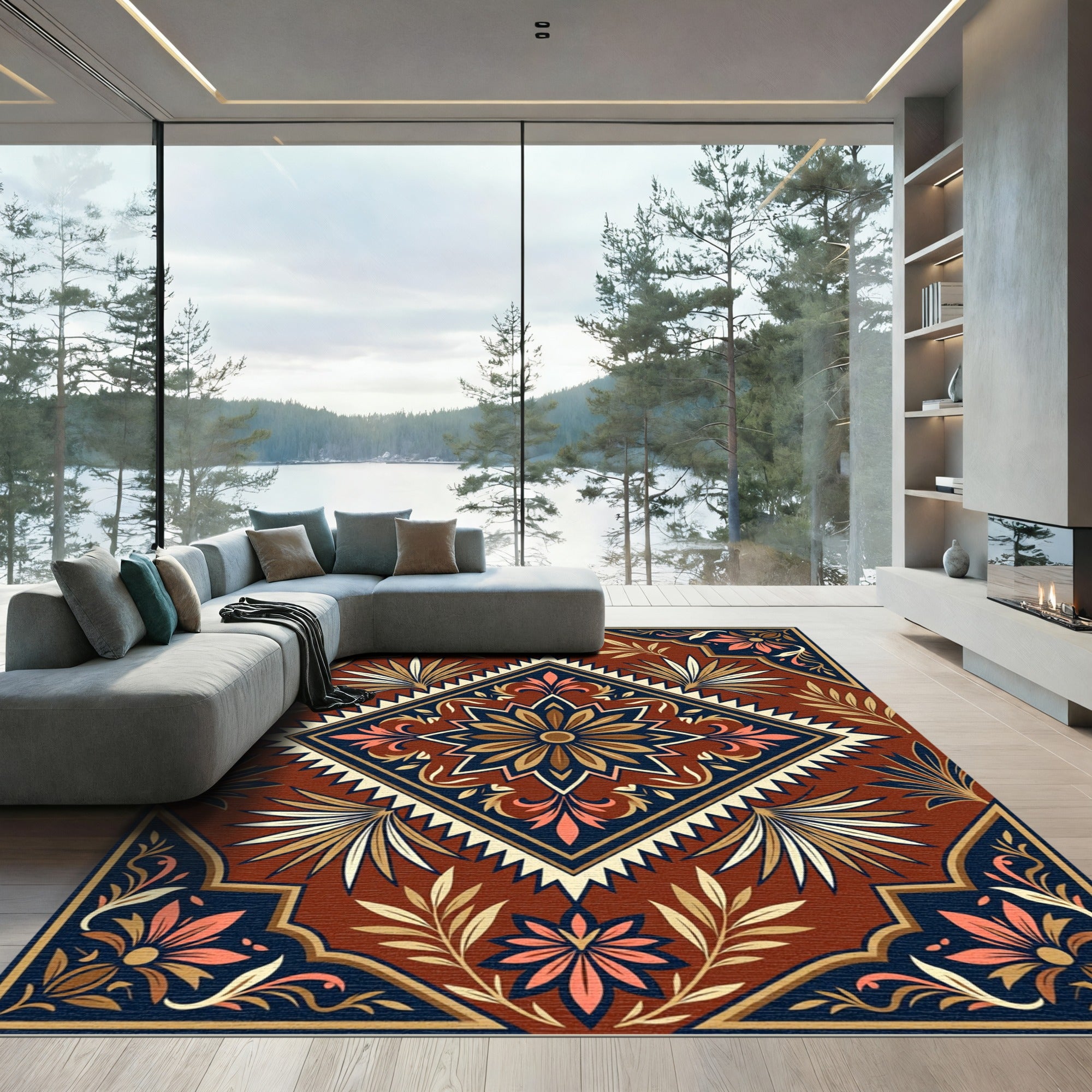 Ornate Terra Cotta Floral Diamond Medallion Rug