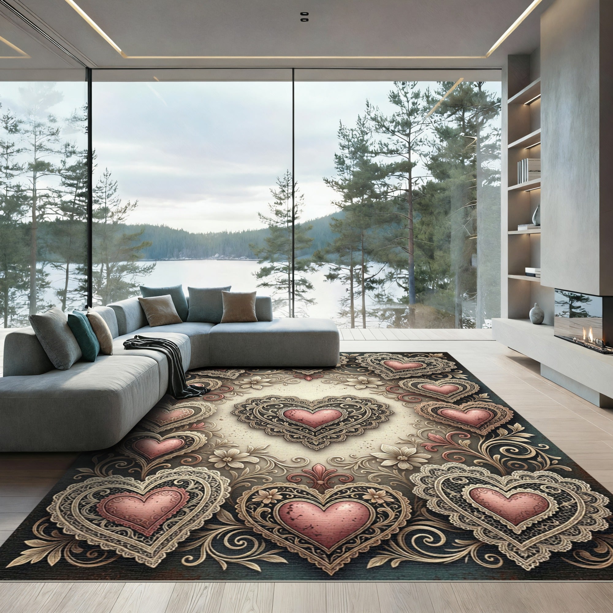 Ornate Pink Hearts Lace Border Rug