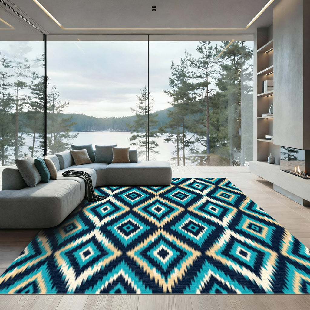 Teal Blue Cream Ornate Diamond Geometry Rug