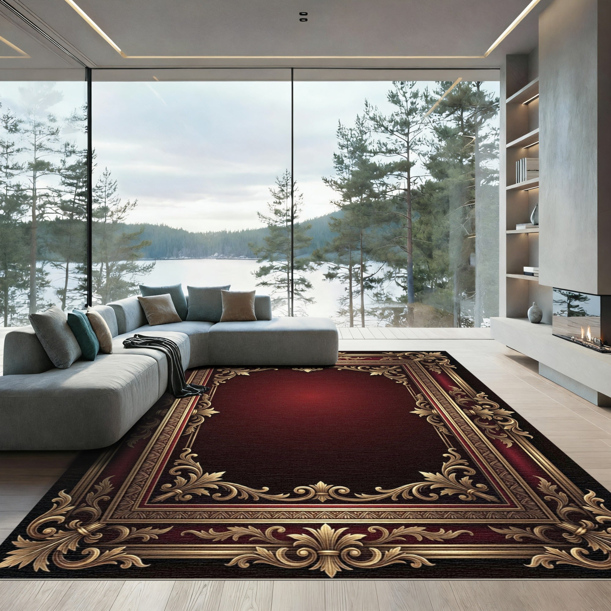 Ornate Regal Burgundy Gold Filigree Frame Rug