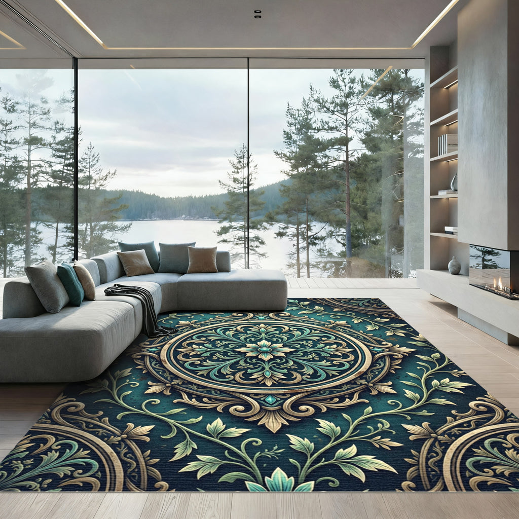 Emerald Teal Floral Medallion Ornament Rug