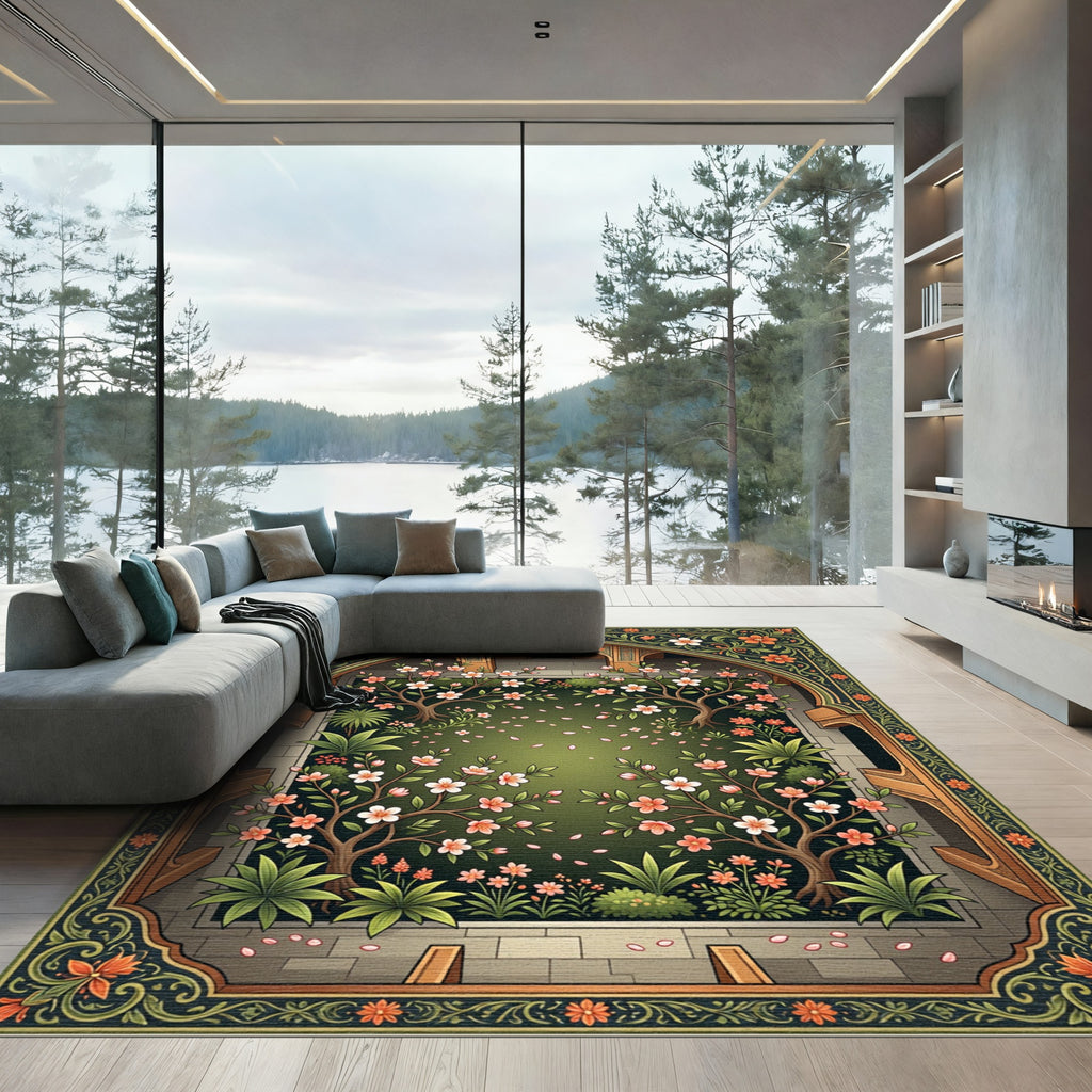 Ornate Garden Arch Blossom Trees Rug