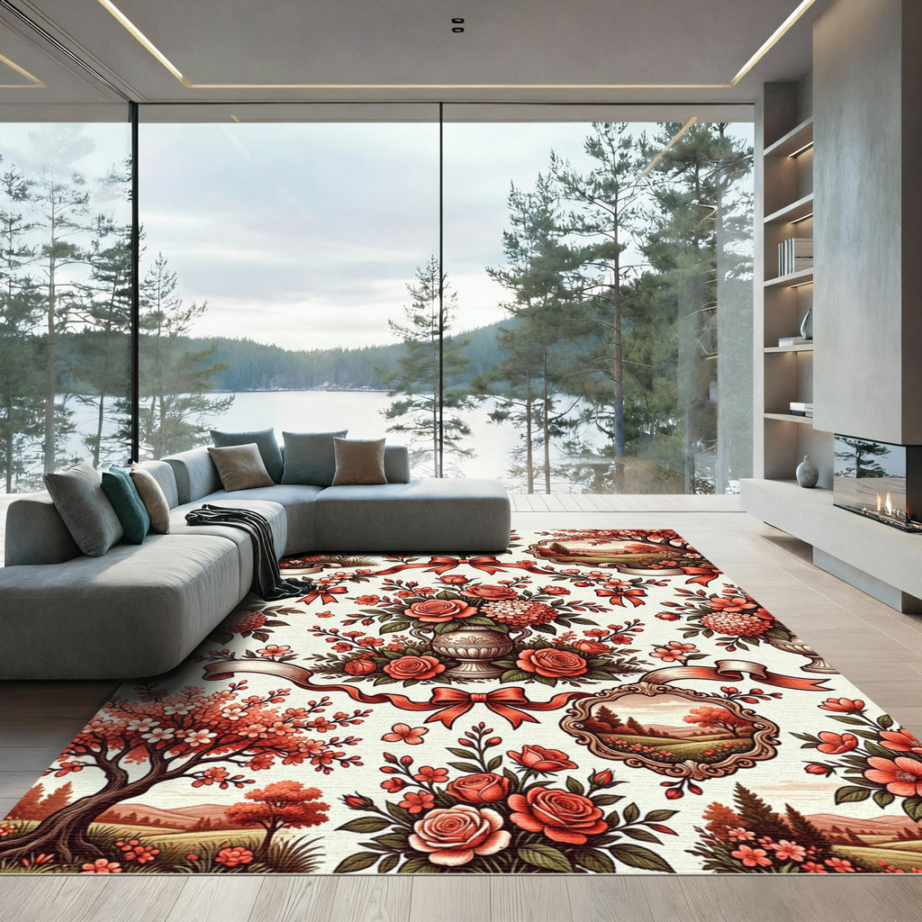 Romantic Crimson Rose Landscape Garden Rug
