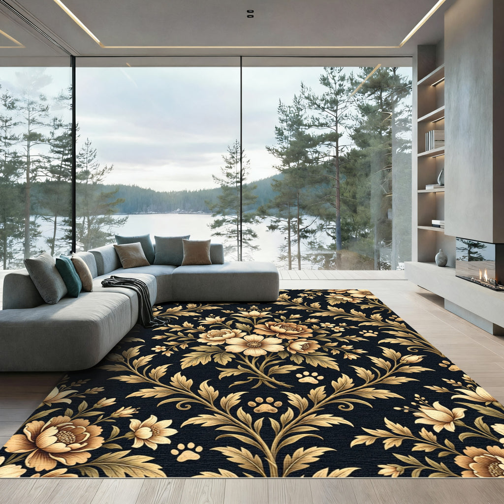Elegant Gold Floral Paw Damask Rug