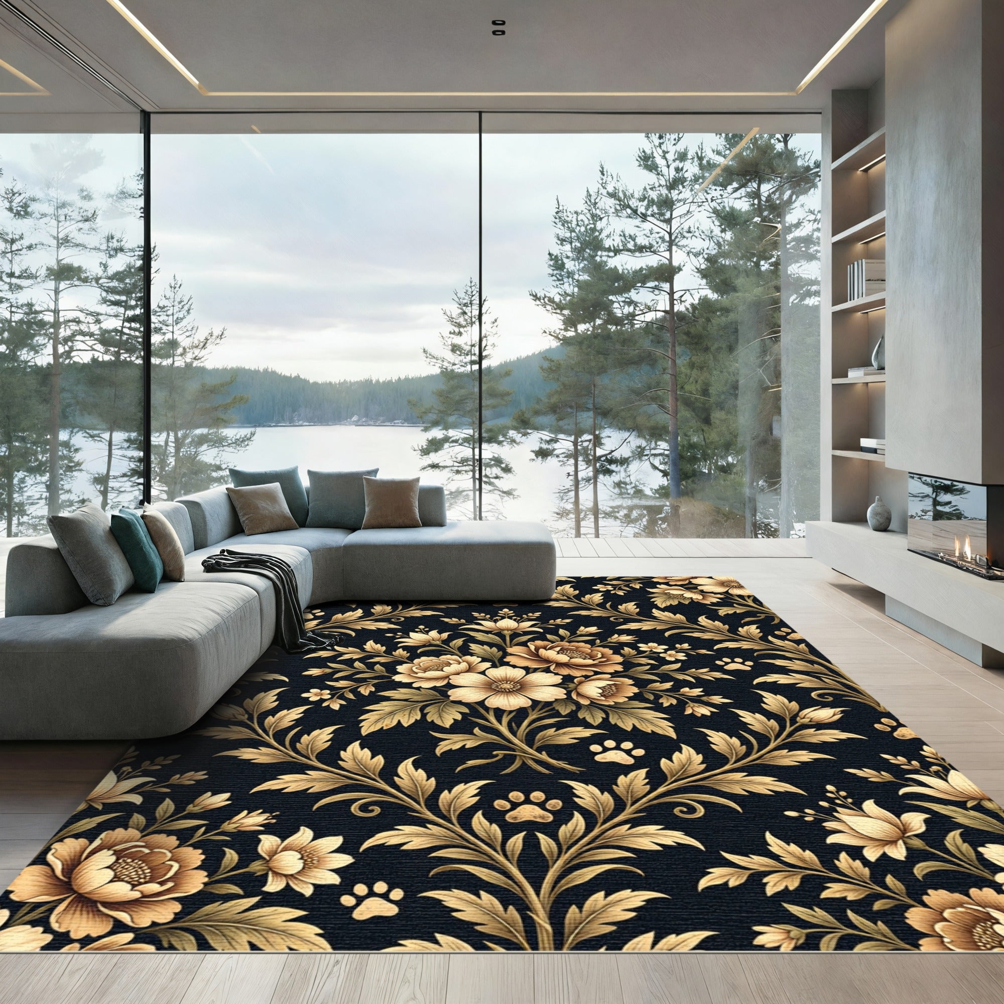 Elegant Gold Floral Paw Damask Rug