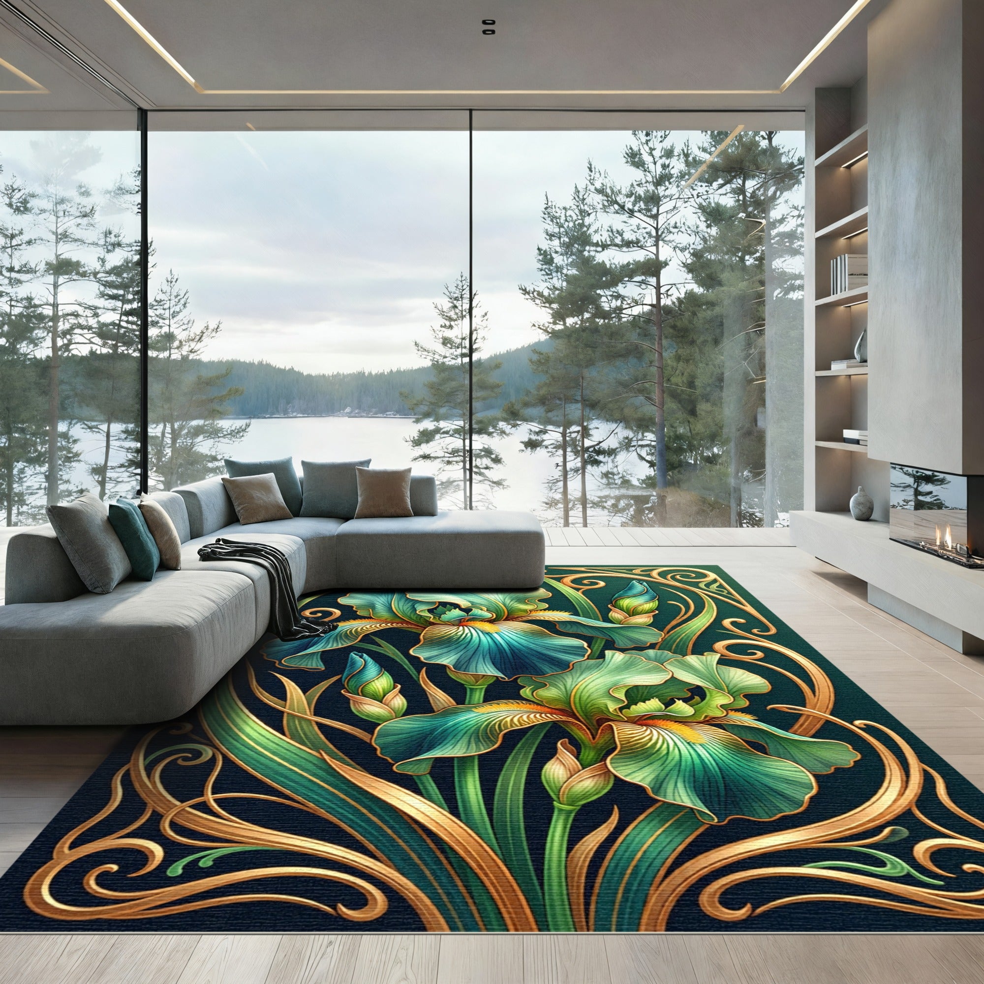 Emerald Iris Floral Art Nouveau Rug