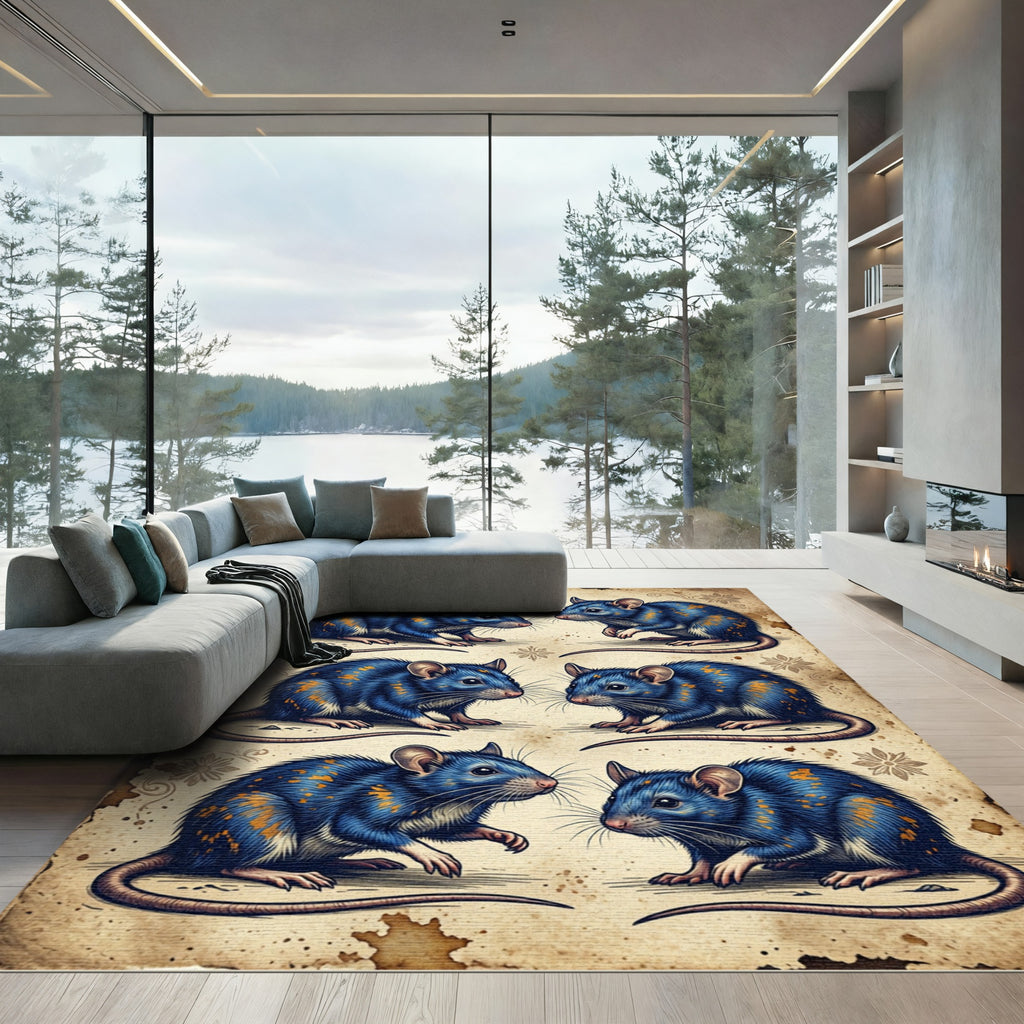 Vintage Botanical Blue Rat Illustration Rug