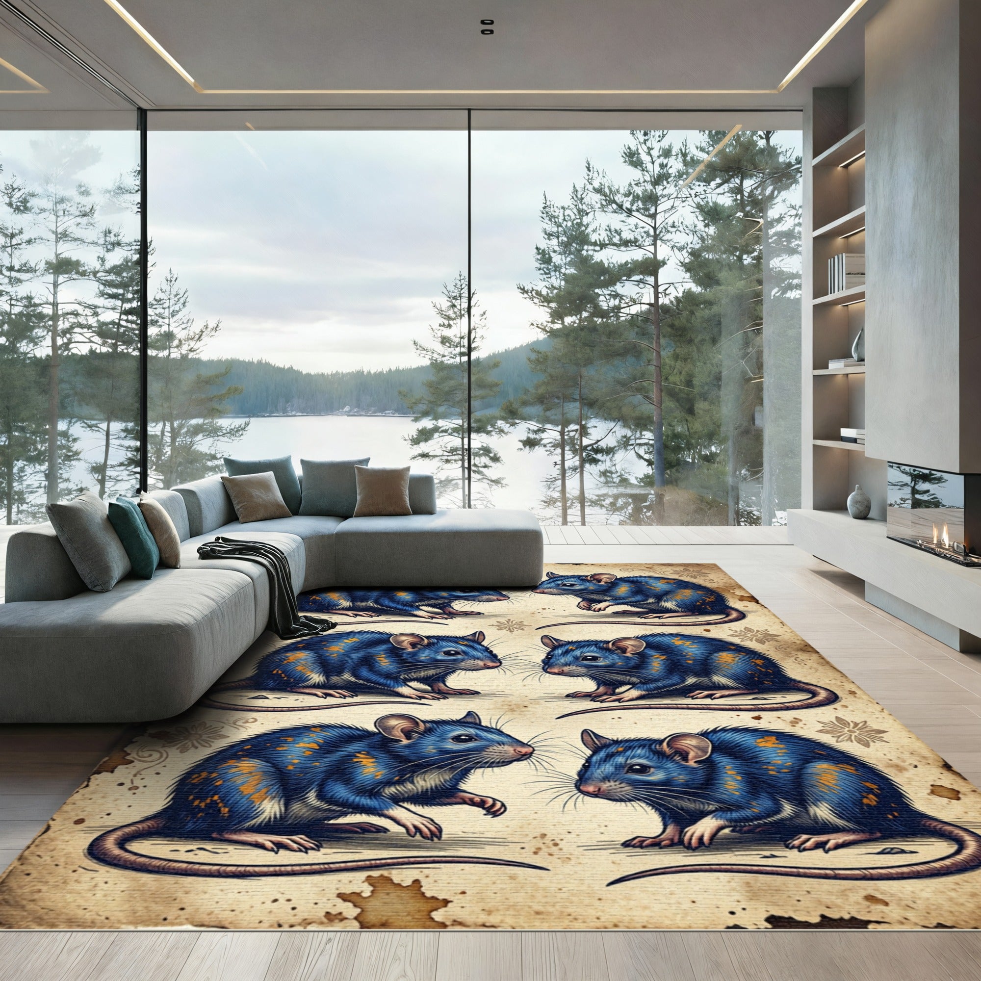 Vintage Botanical Blue Rat Illustration Rug