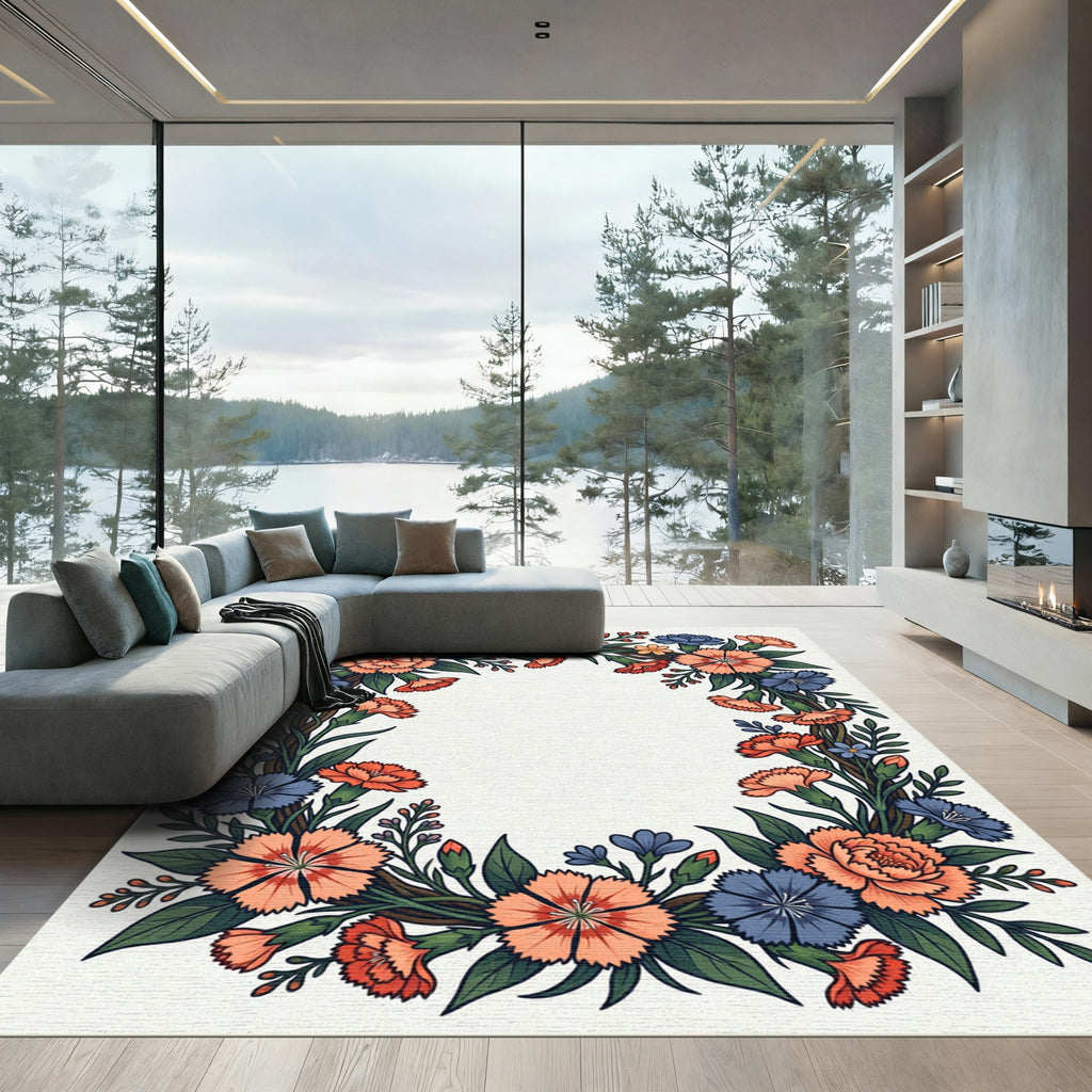 Coral And Blue Floral Garland Frame Rug