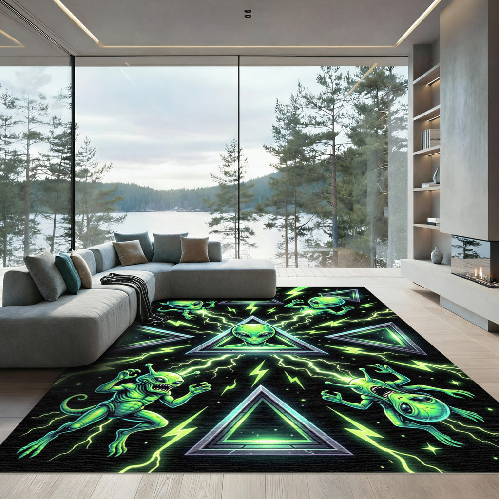 Neon Green Alien Triangle Cosmic Glow Rug