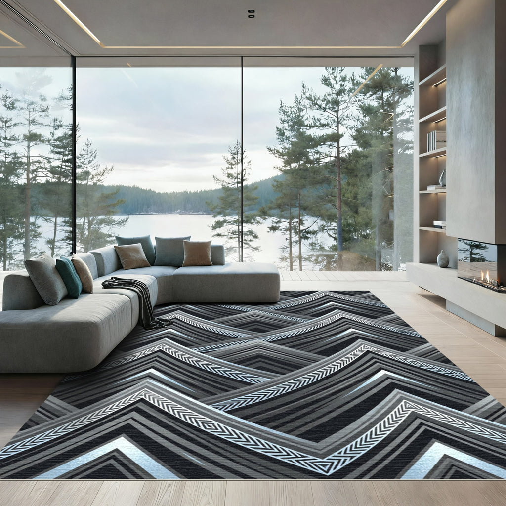 Modern Gray Chevron Mountain Peaks Rug