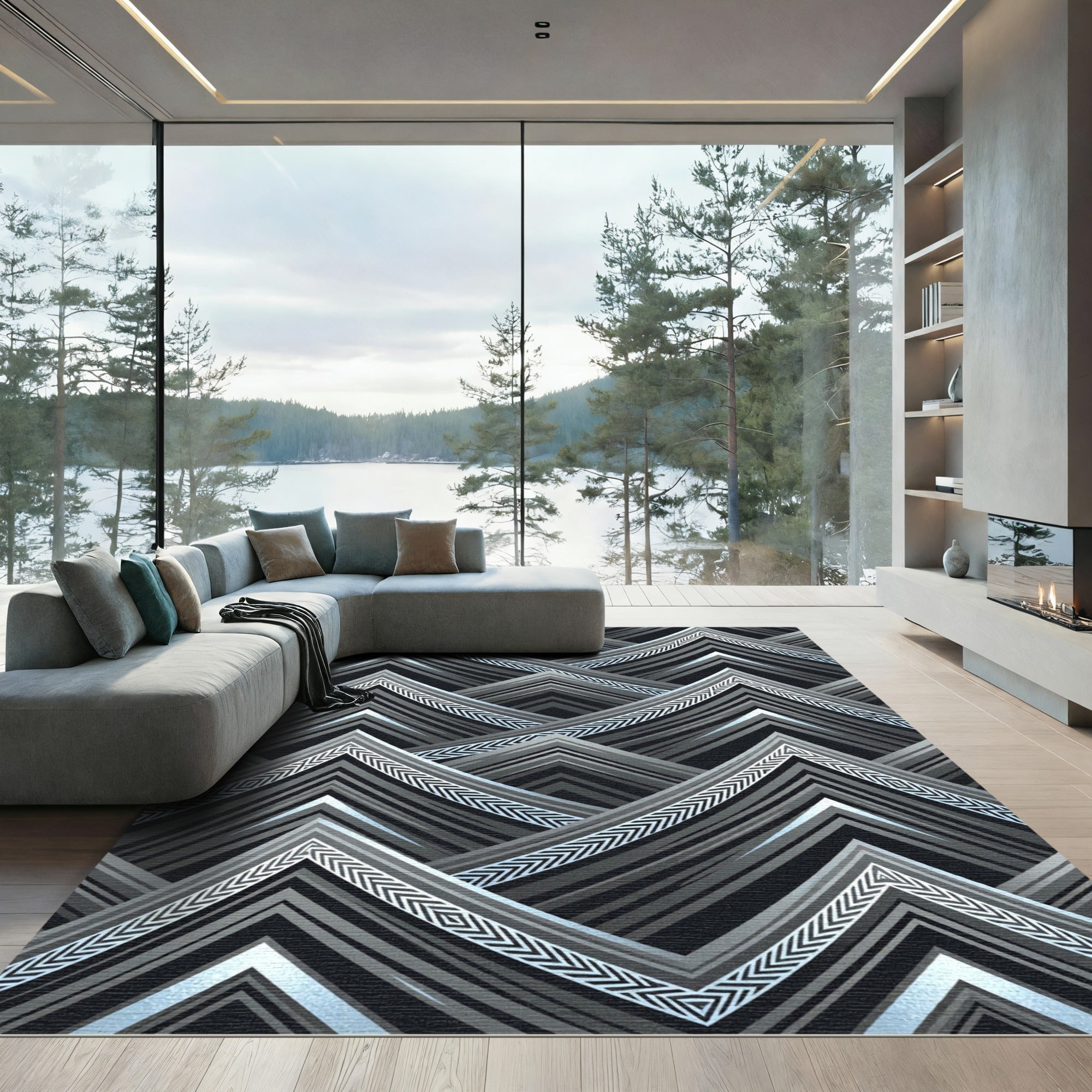 Modern Gray Chevron Mountain Peaks Rug