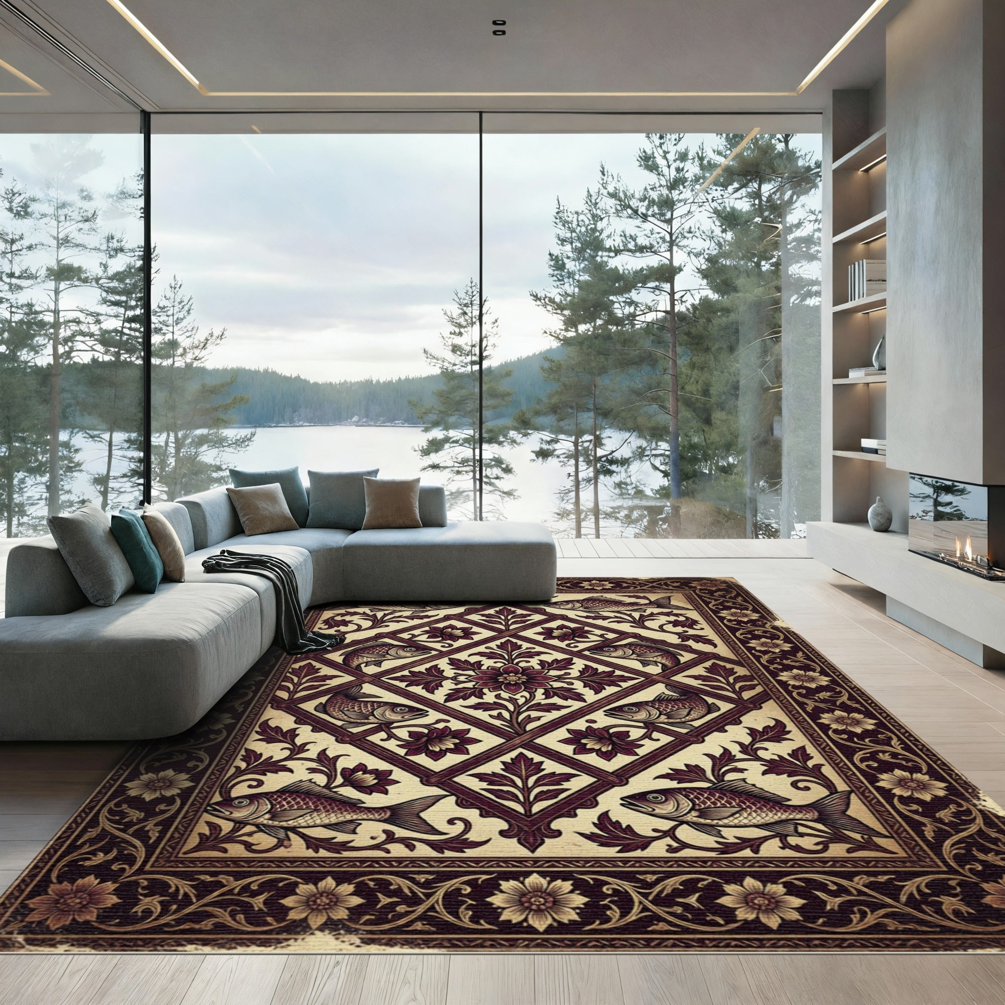 Antique Deep Burgundy Floral Fish Tile Rug
