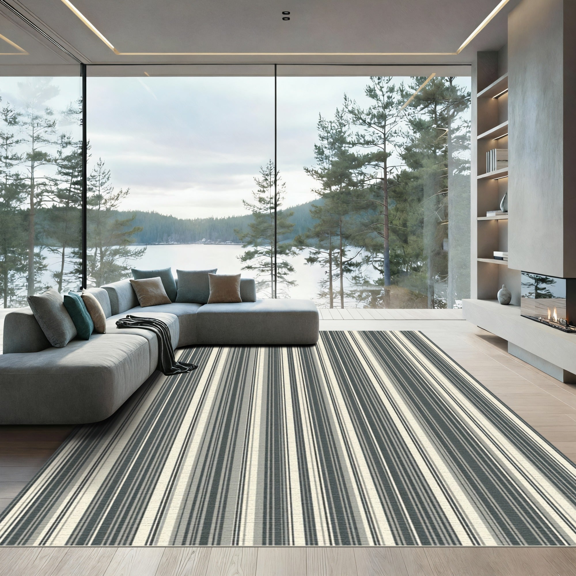 Minimalist Grey and Cream Striped Rug