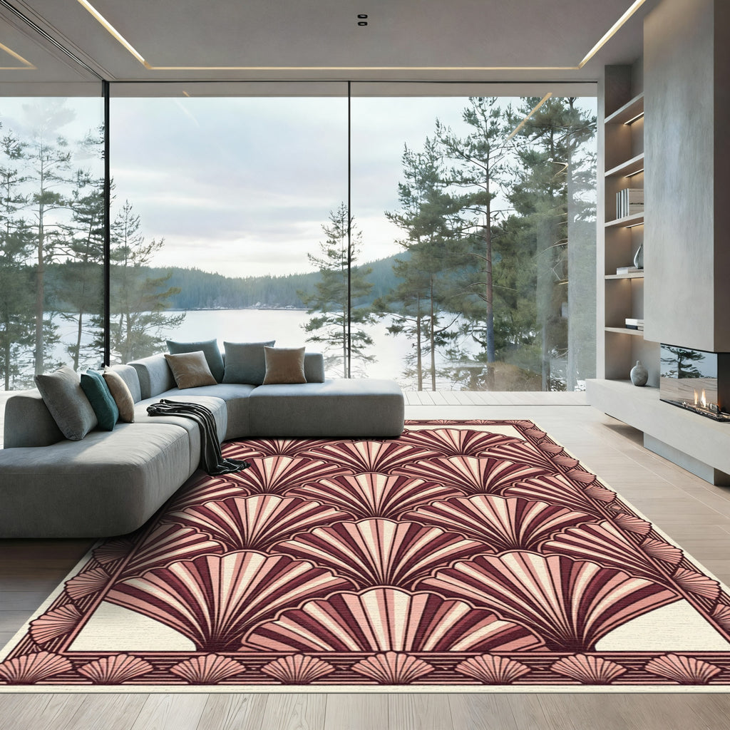 Art Deco Fans Rosy Cream Border Rug