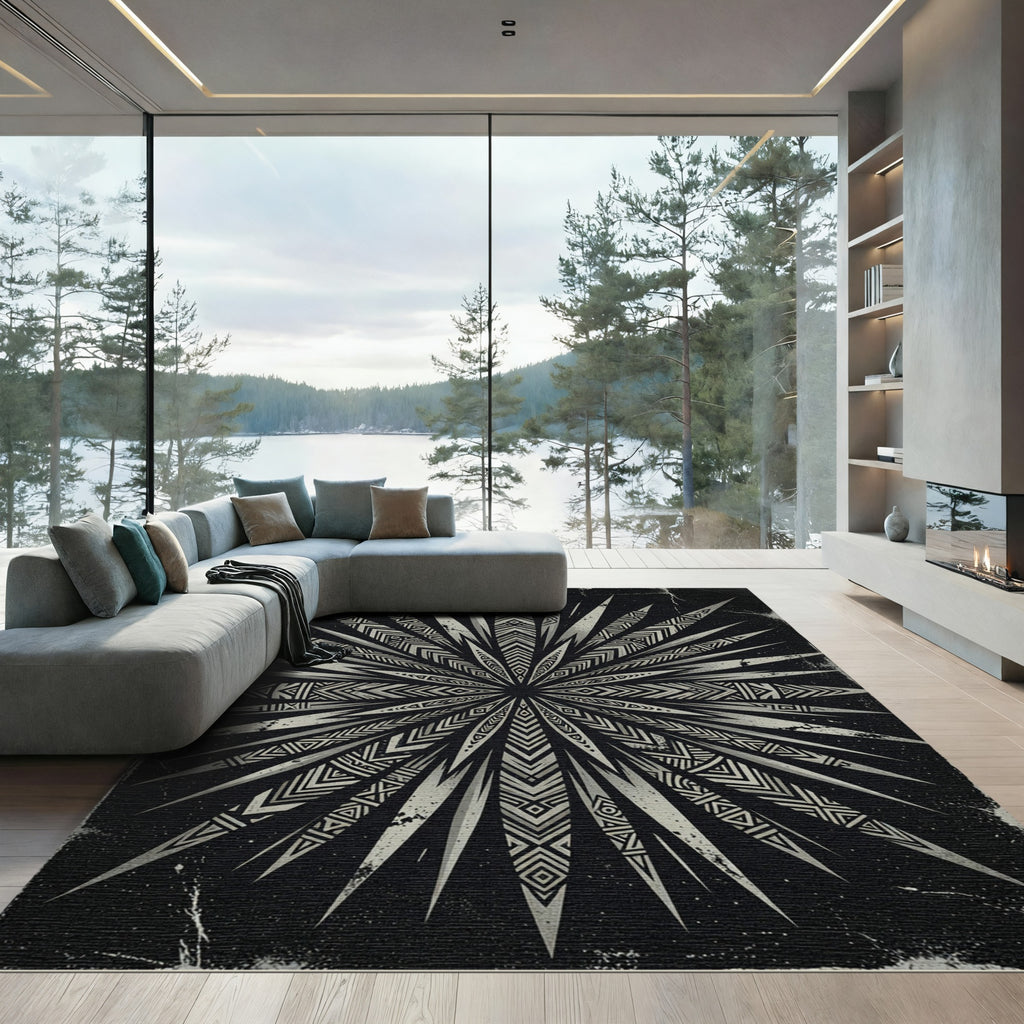 Monochrome Geometric Radiating Starburst Art Rug