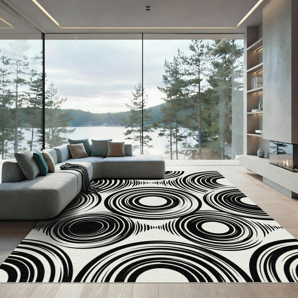 Black White Concentric Circles Arrangement Rug