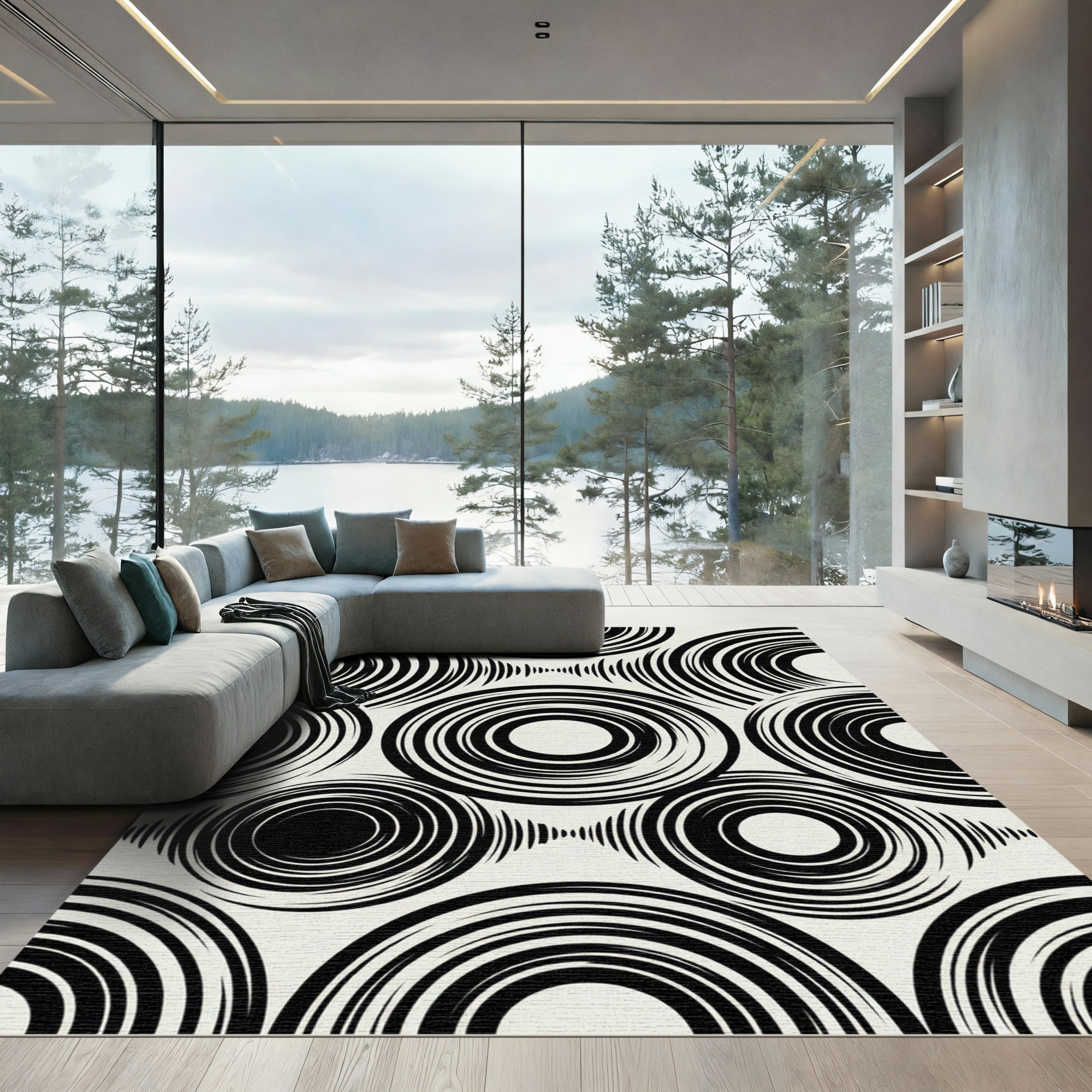 Black White Concentric Circles Arrangement Rug