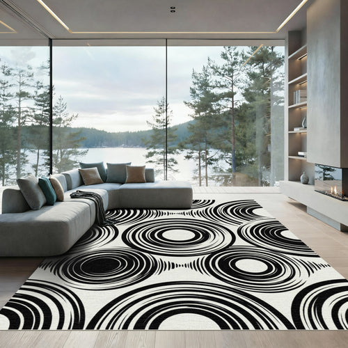 Black White Concentric Circles Arrangement Rug