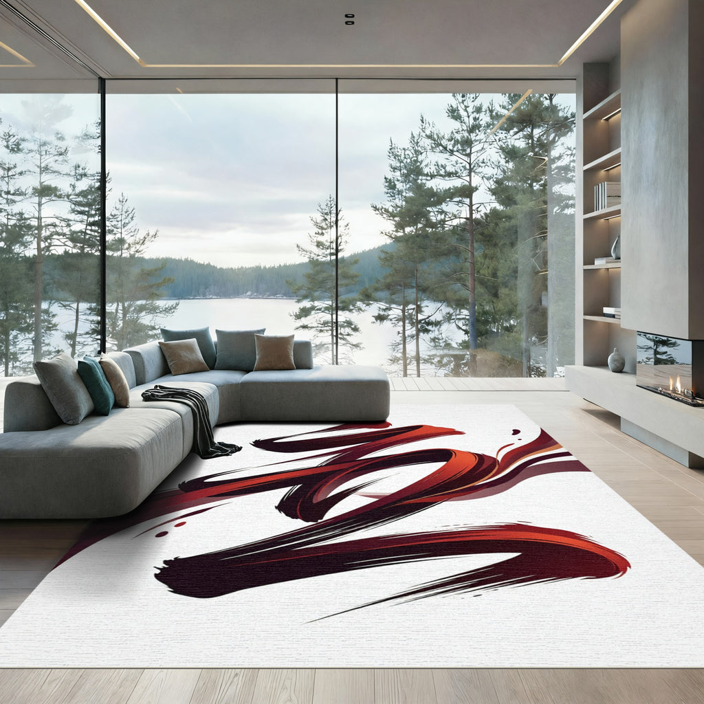 Dynamic Crimson Abstract Brushstroke Art Rug