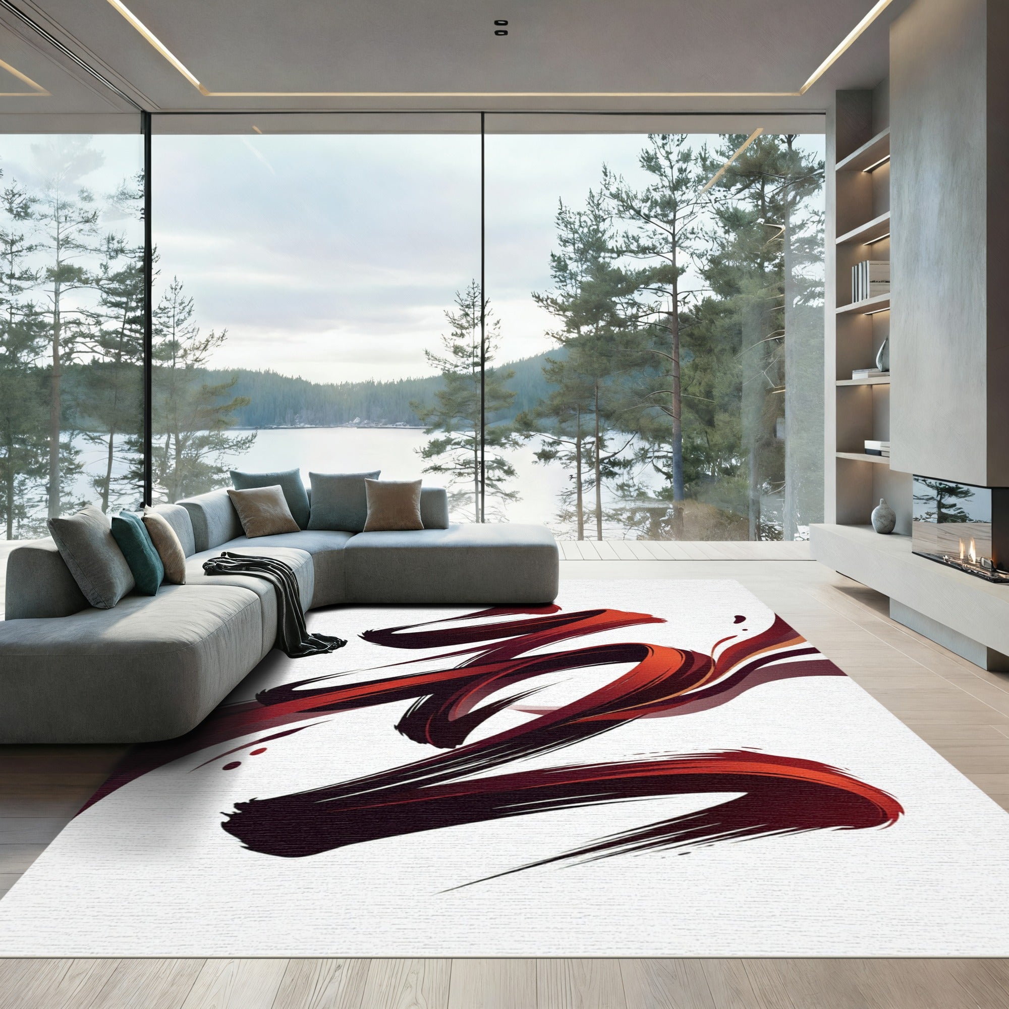 Dynamic Crimson Abstract Brushstroke Art Rug