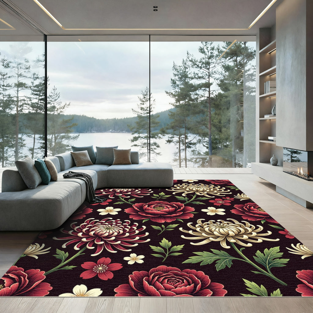 Dark Crimson Floral Chrysanthemum Botanical Arrangement Rug