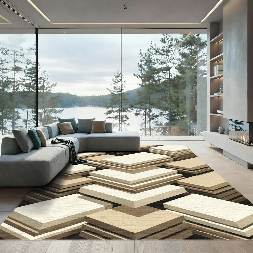 Minimalist Neutral Geometric Stacked Block Rug