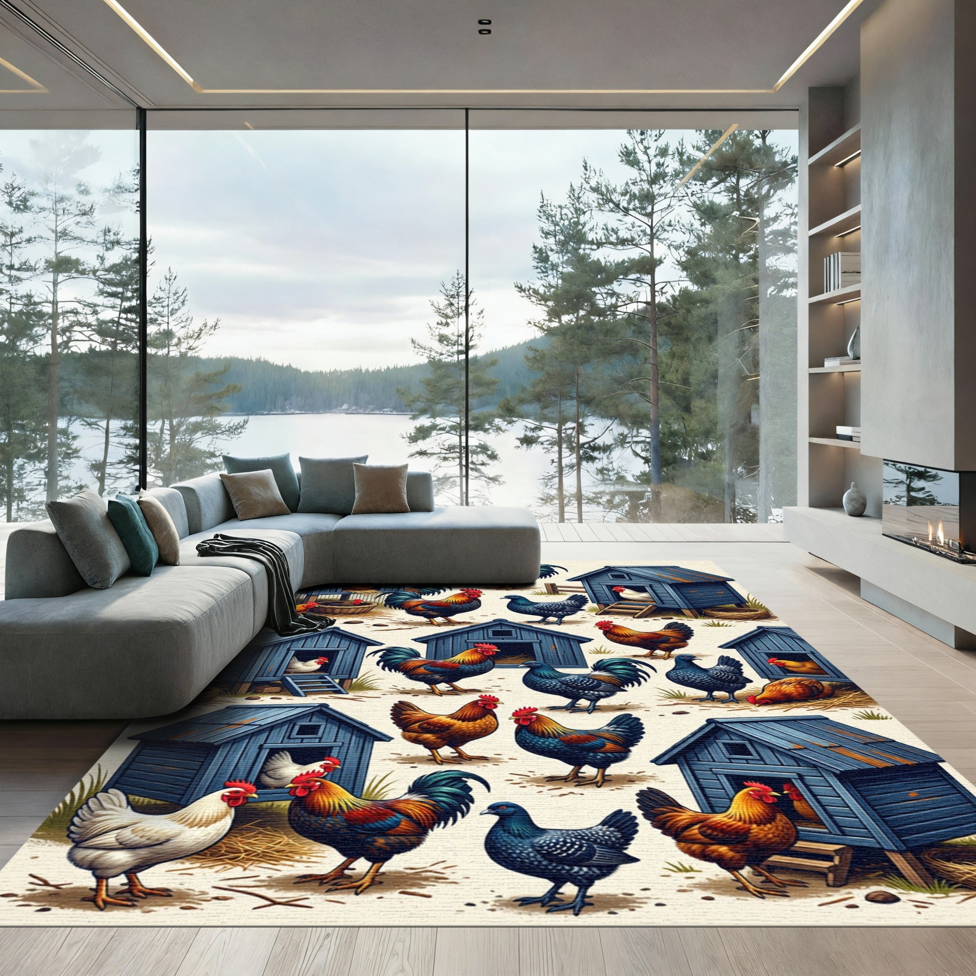 Rustic Farmhouse Rooster and Blue Coop Rug