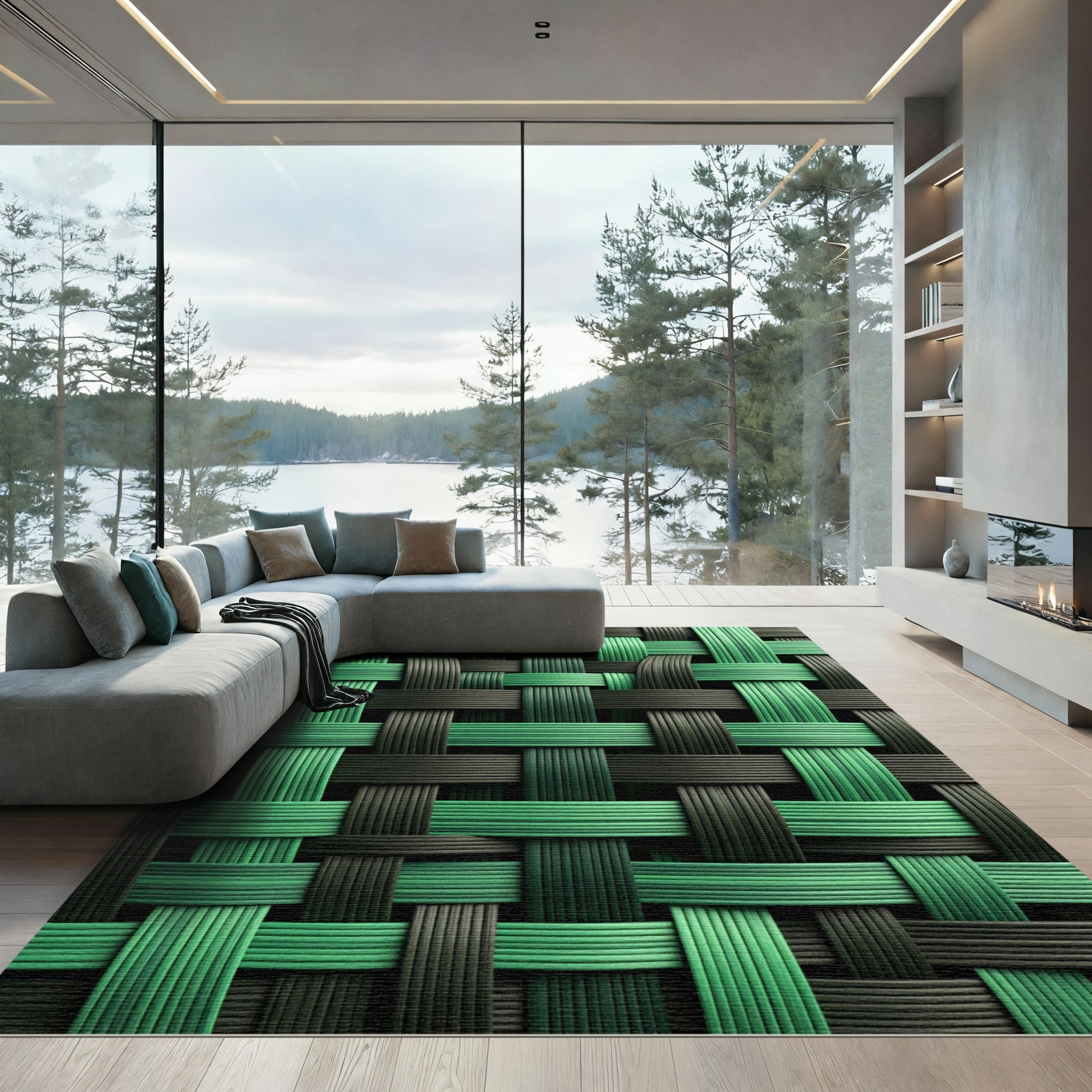 Bold Emerald and Charcoal Woven Grid Rug