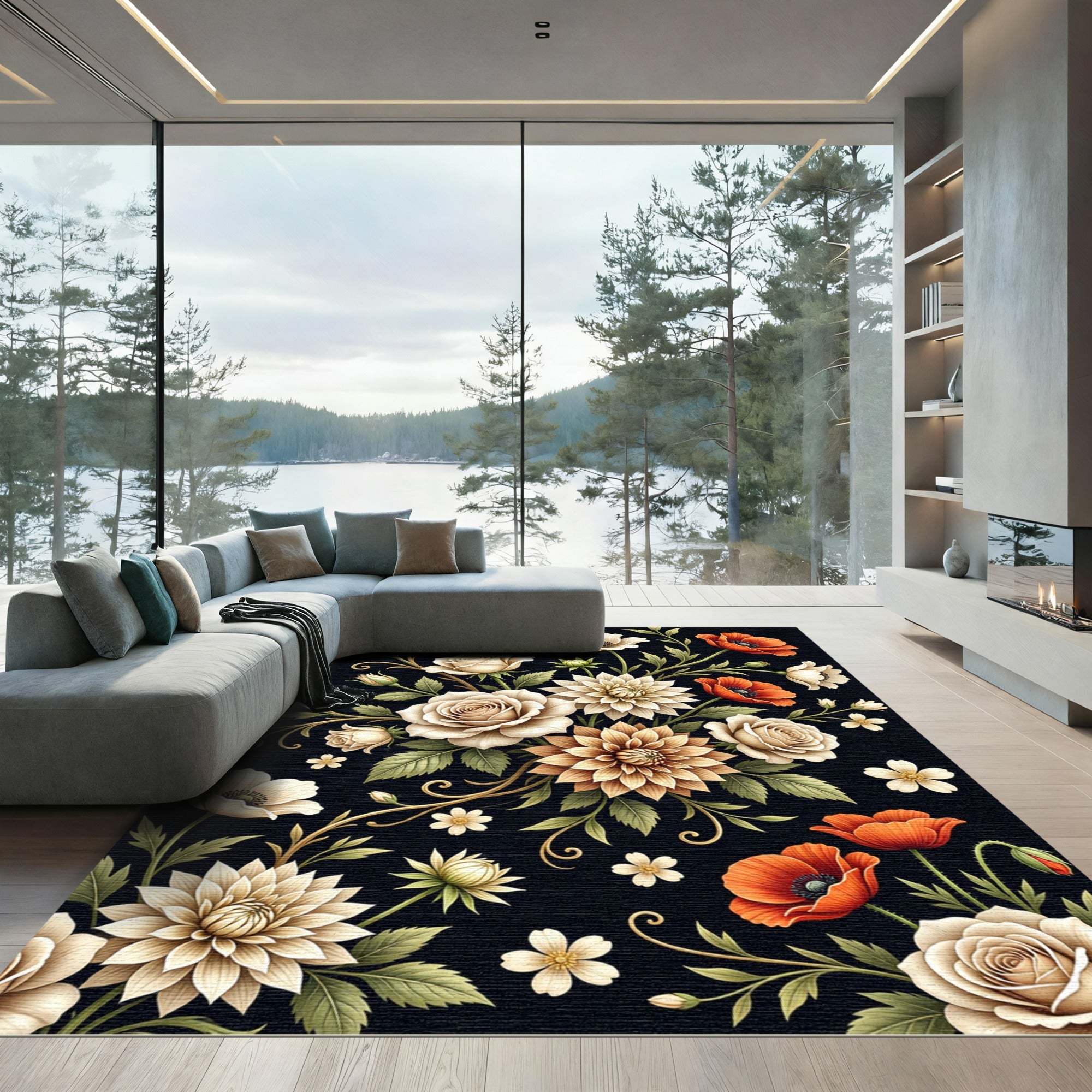 Elegant Beige Floral Black Meadow Rug