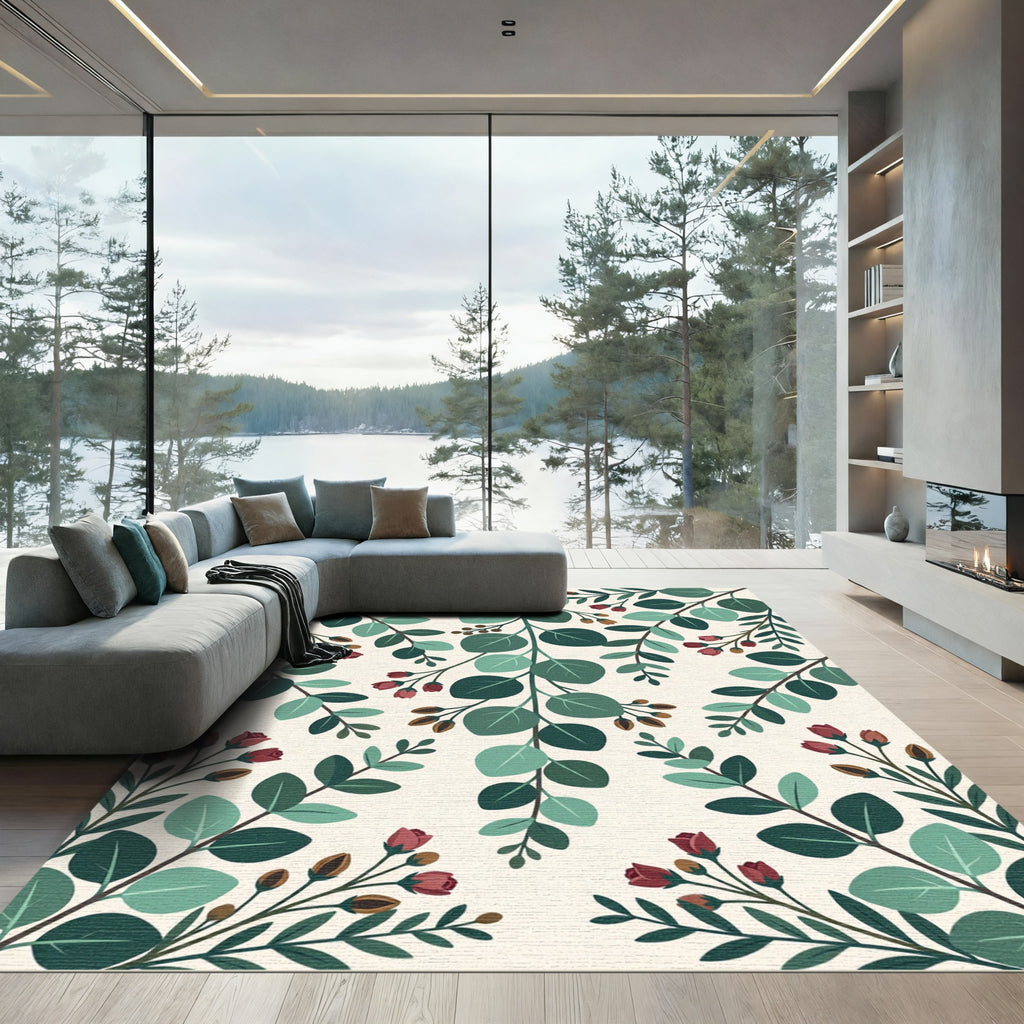 Botanical Eucalyptus Leaf and Berry Lush Foliage Rug
