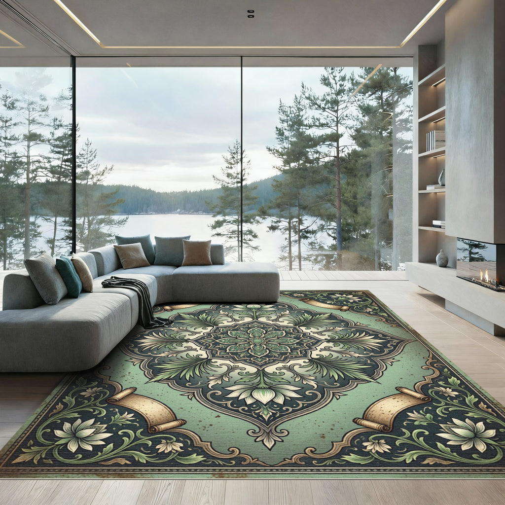 Sage Botanical Filigree Scroll Medallion Rug