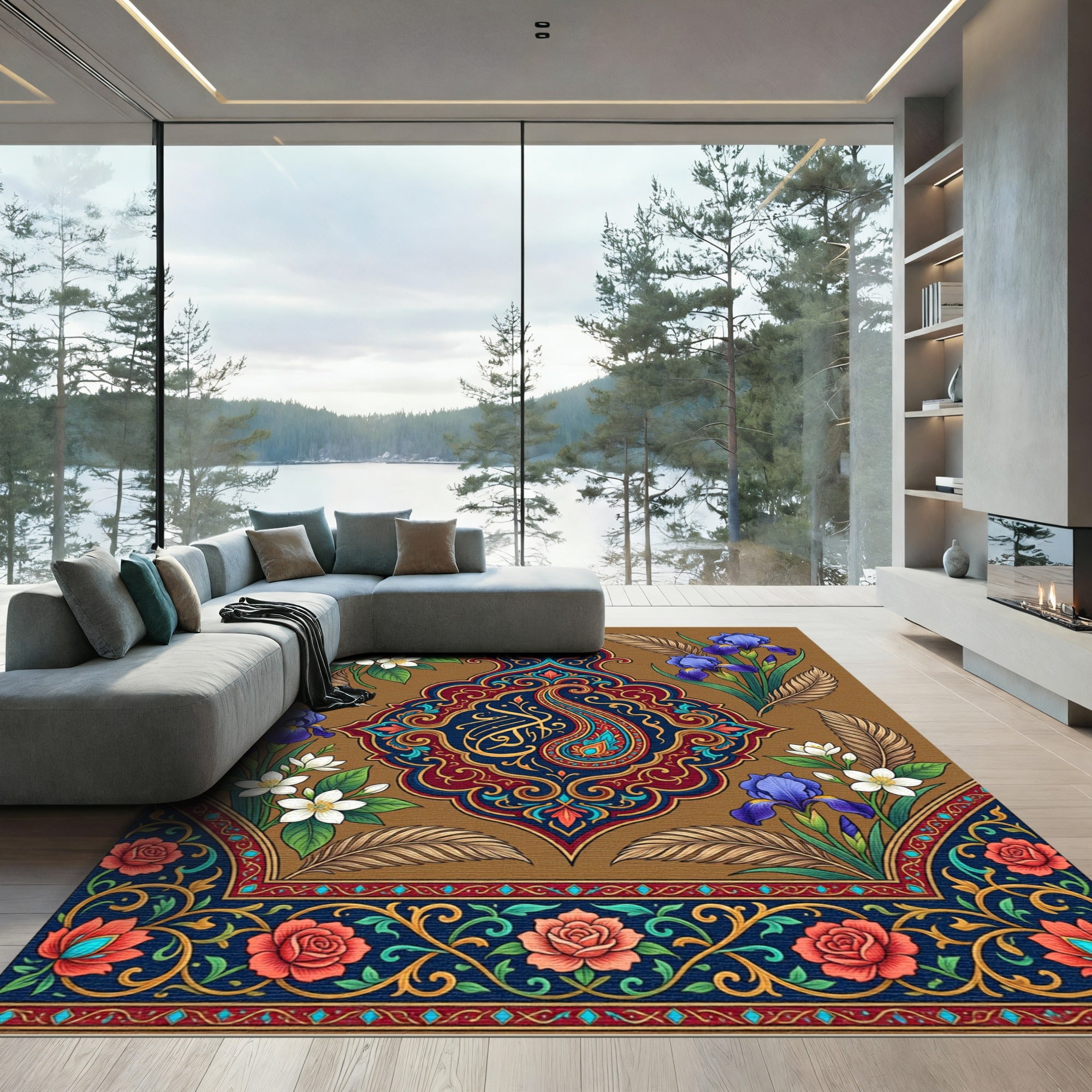 Ornate Paisley Floral Medallion Gold Red Blue Rug