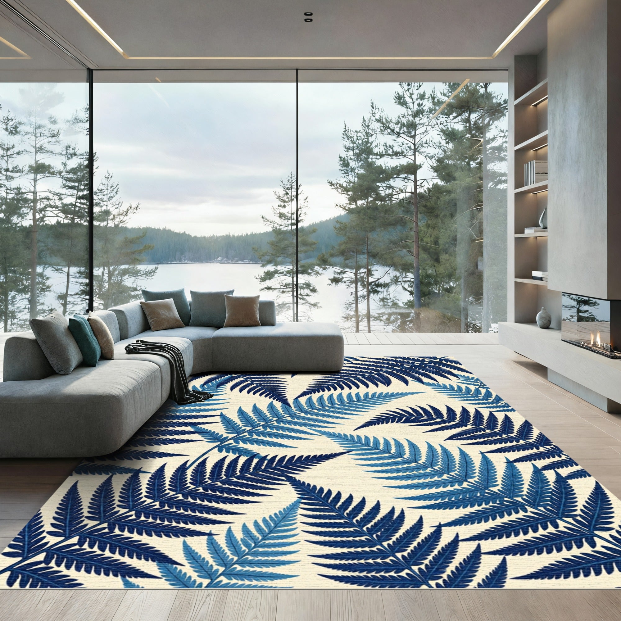 Indigo Fern Leaf Pattern Rug
