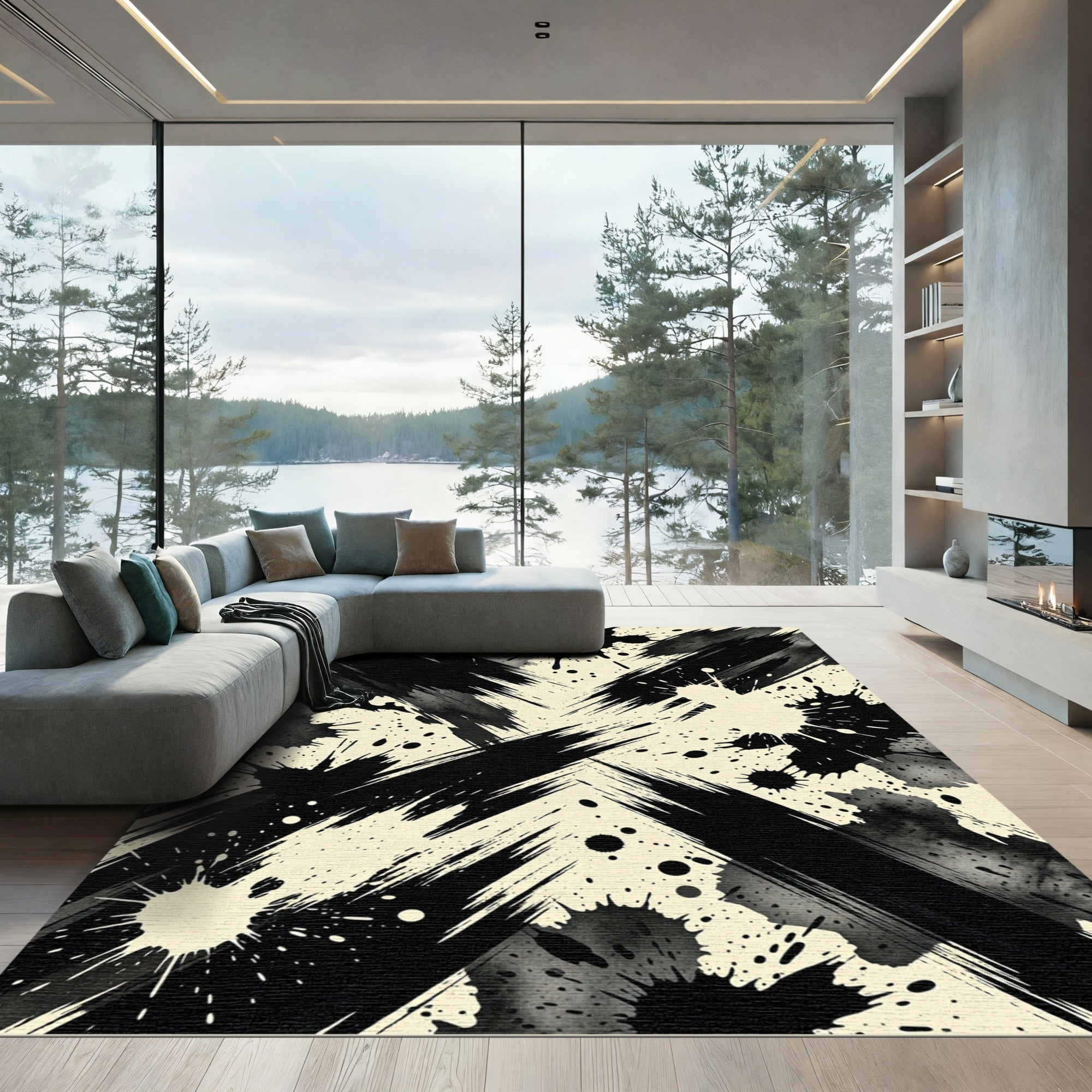 Bold Black Ink Splatter Abstract Rug