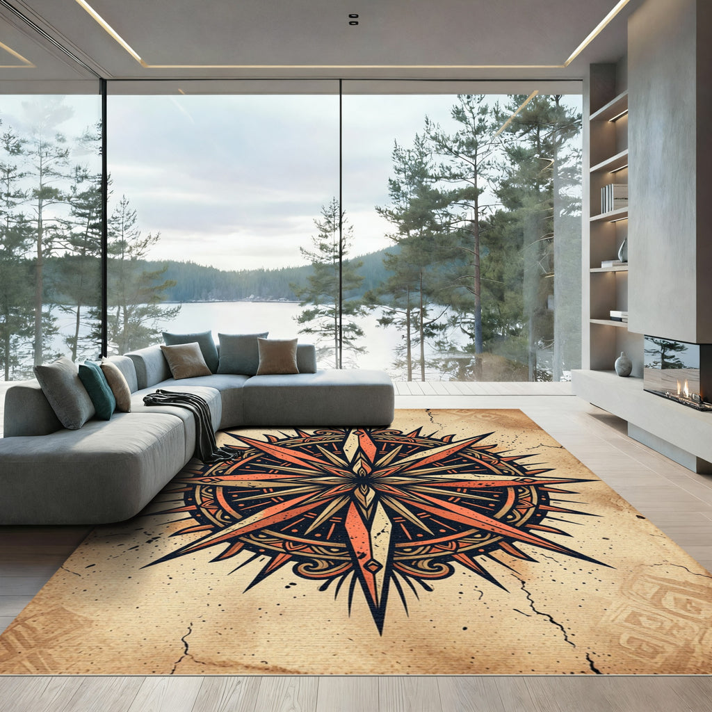 Vintage Compass Rose Copper Ochre Medallion Rug