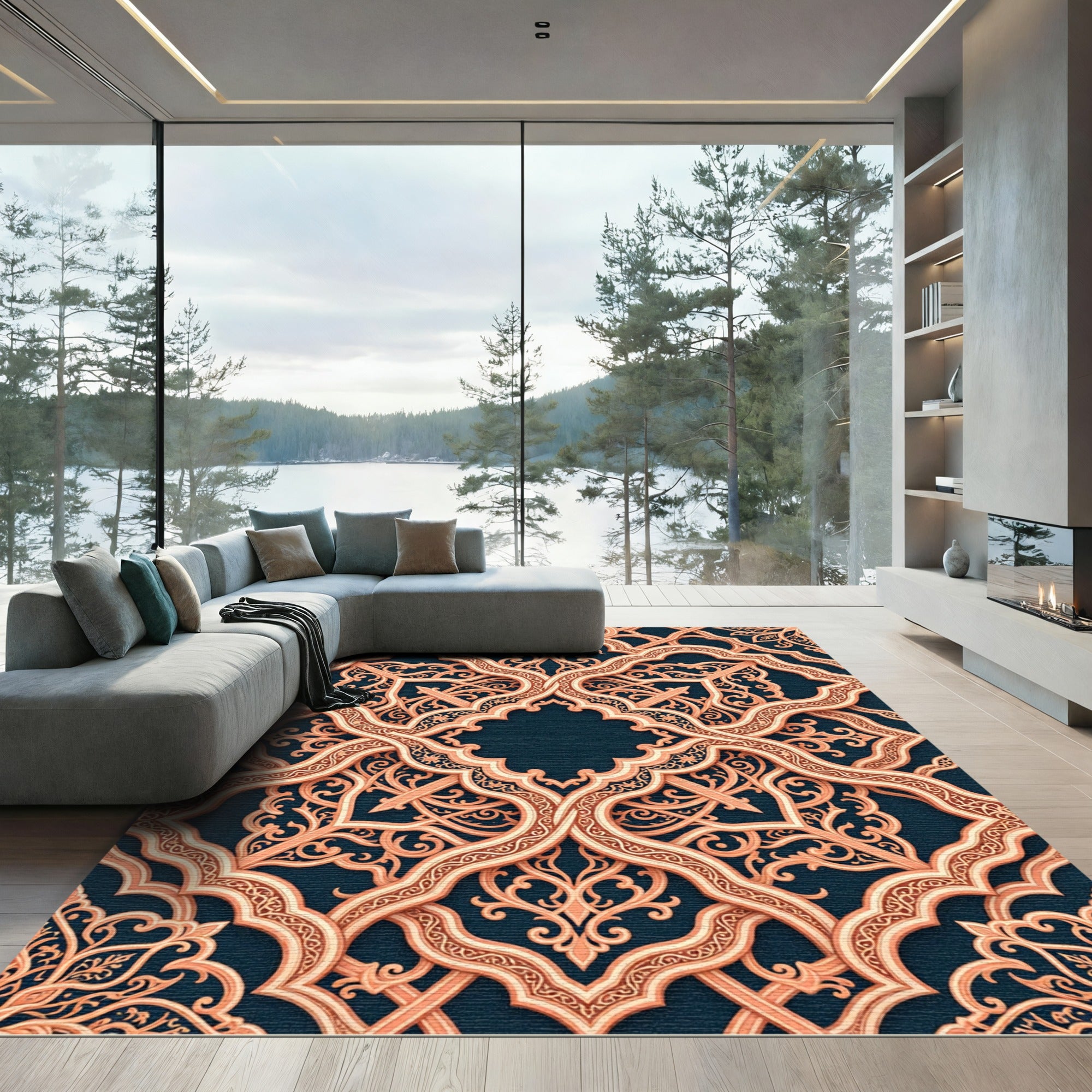 Intricate Peach Damask Filigree Medallion Rug