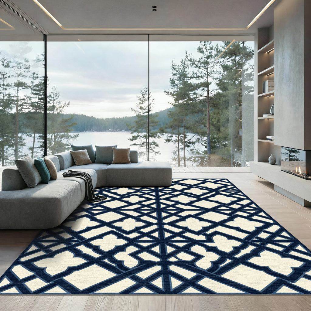 Navy Geometric Quatrefoil Lattice Tile Rug