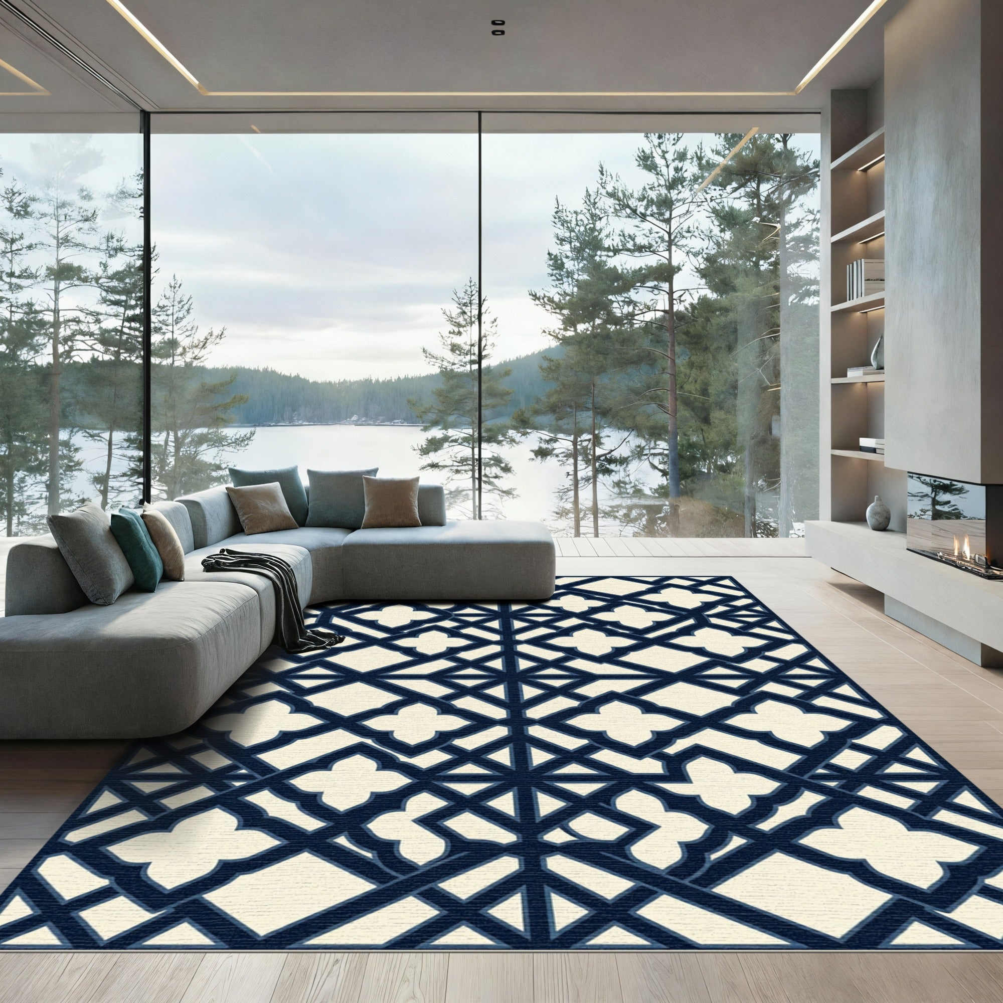 Navy Geometric Quatrefoil Lattice Tile Rug
